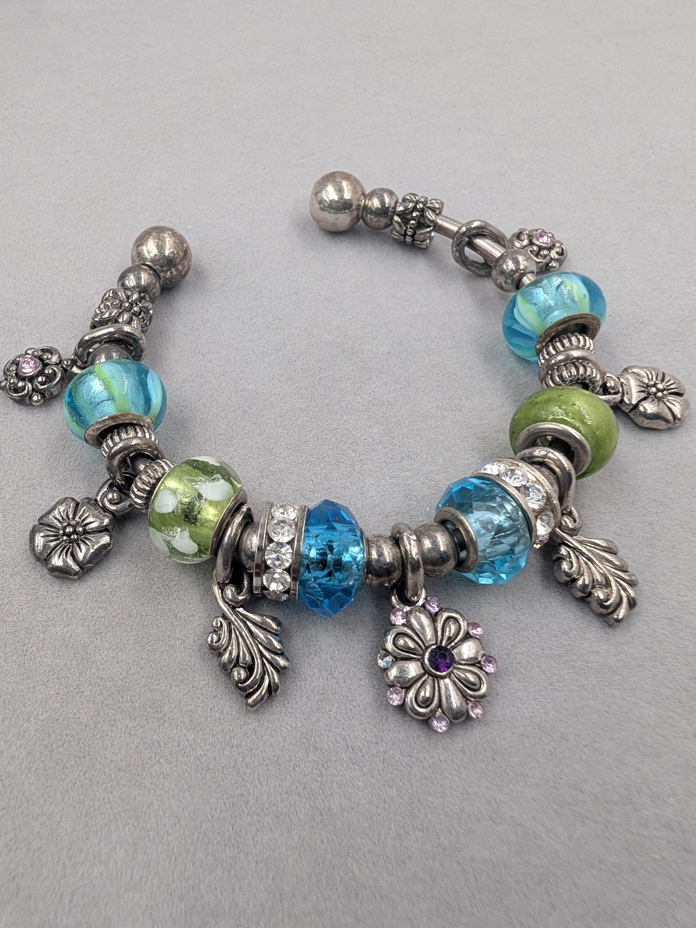Floral Charm Bracelet Aqua Green Glass Beads Boho Garden | 1008